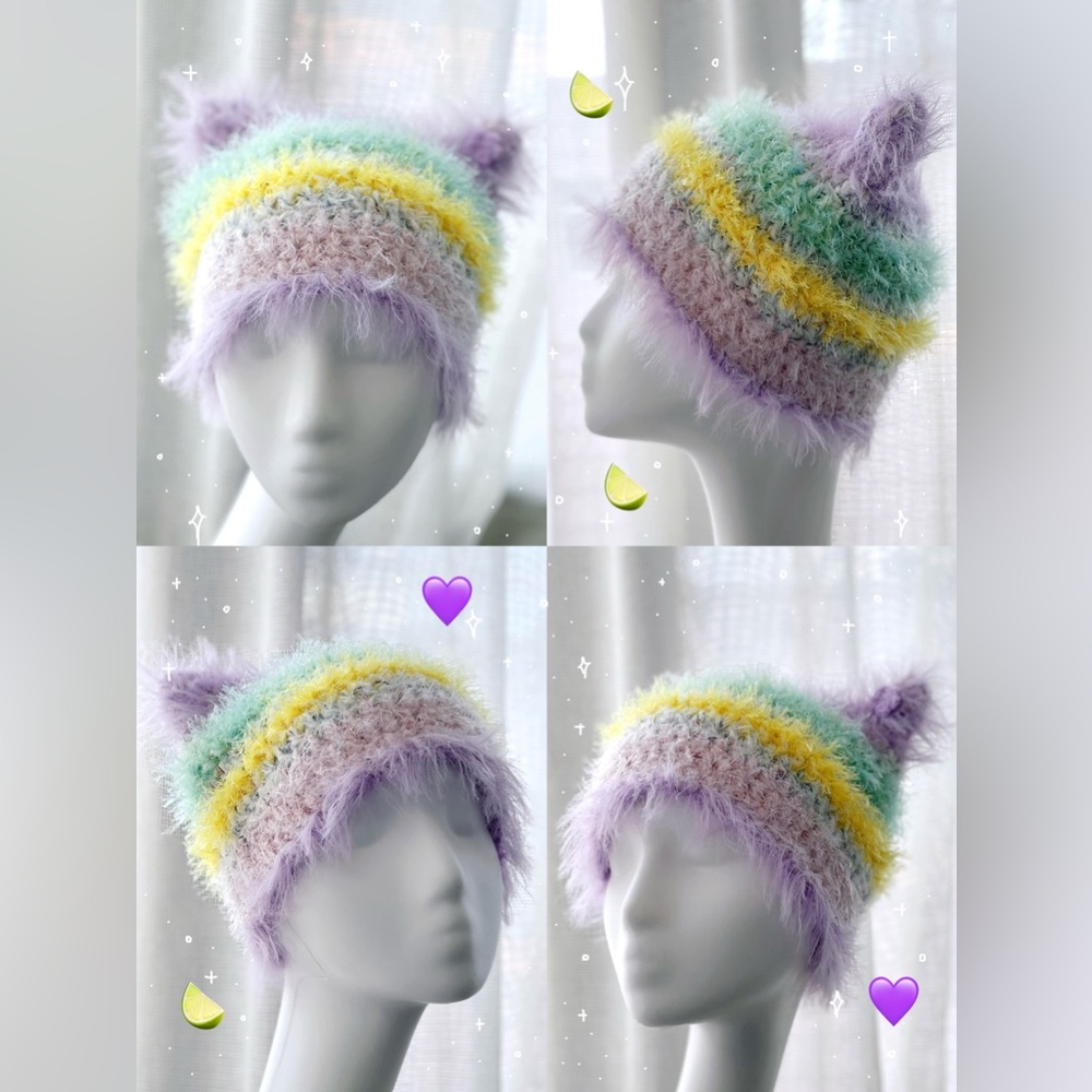 Handmade Colorful Fuzzy Crochet Cat Eat Hat